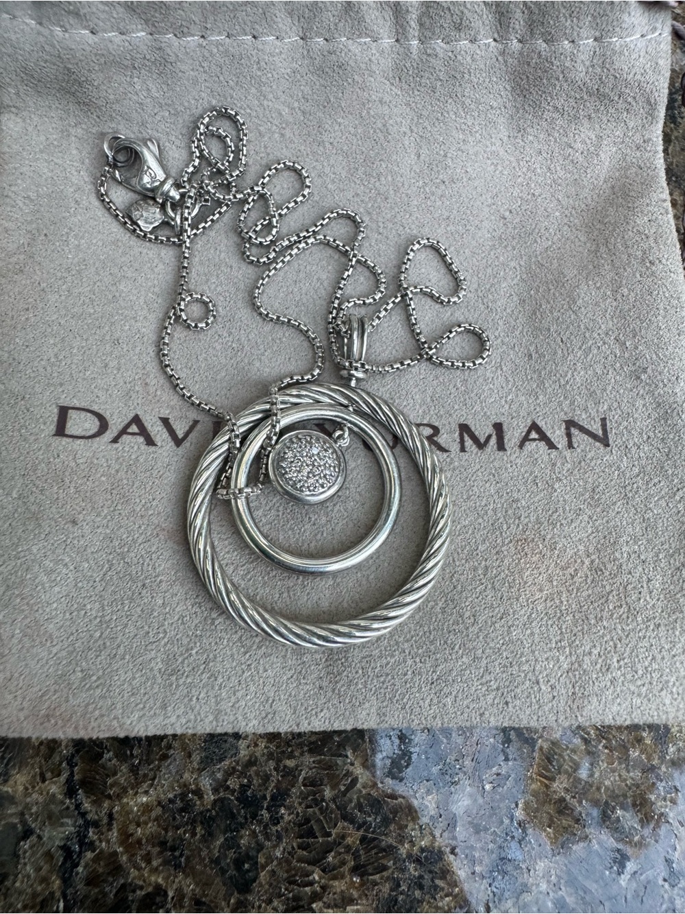 David Yurman Triple Circle Pendant Necklace with Pave Diamonds Accent